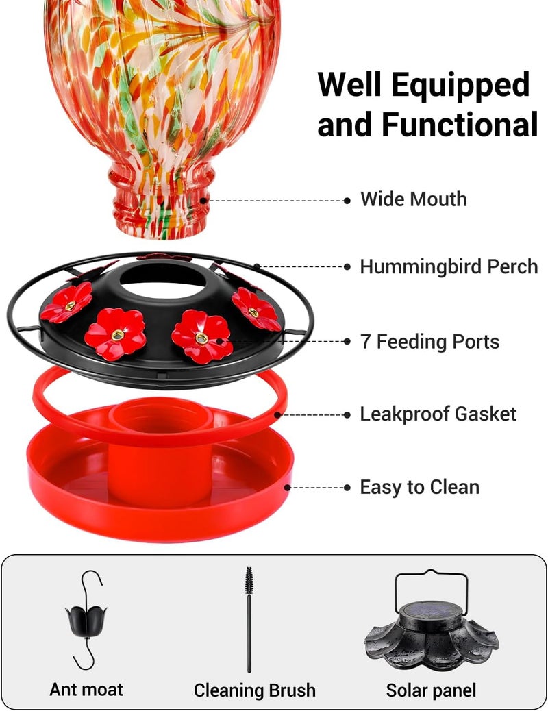 HouseSapp Solar Hummingbird Feeder - 49 fl.oz Hand Blown Glass Color Changing - 7 Feeding Ports with Perch - Never Leak - Perfect Hummingbird Feeder - Image 3